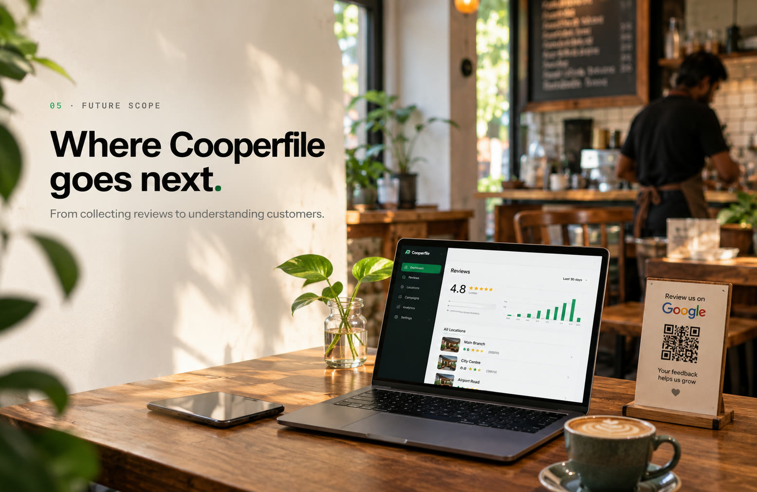 Cooperfile dashboard on a laptop in a café, with a 'Review us on Google' QR stand on the table