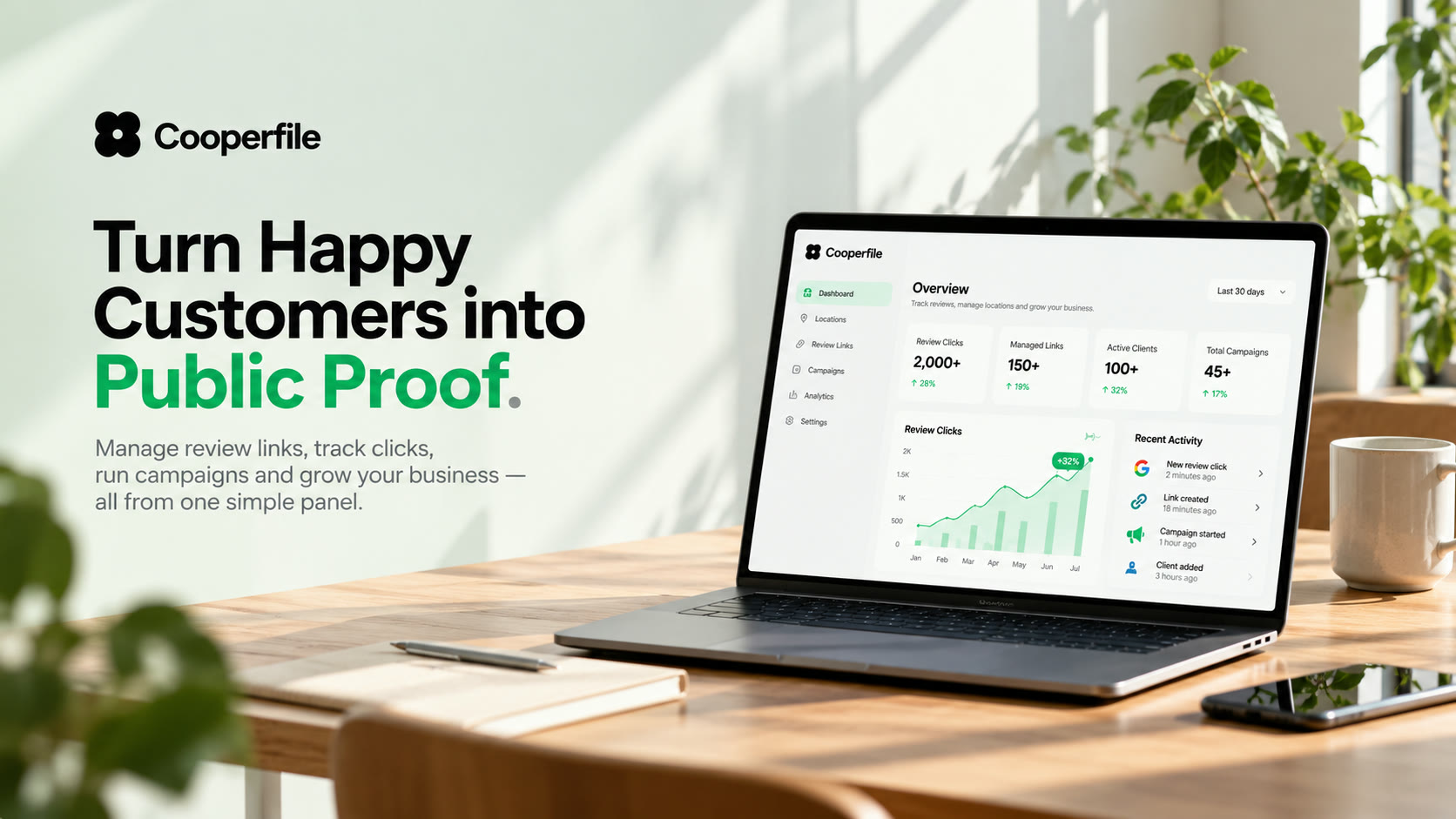 Cooperfile dashboard on a laptop: turn happy customers into public proof