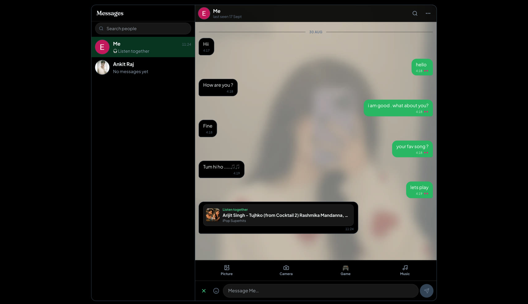 Papers Cart chat with picture, camera, game and music options